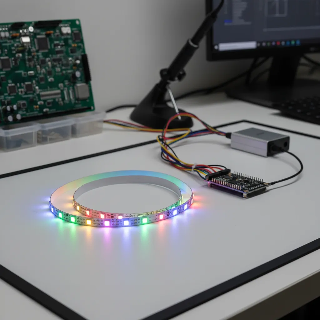 Colorful light strip coiled on white desk connected to small circuit board and black wire