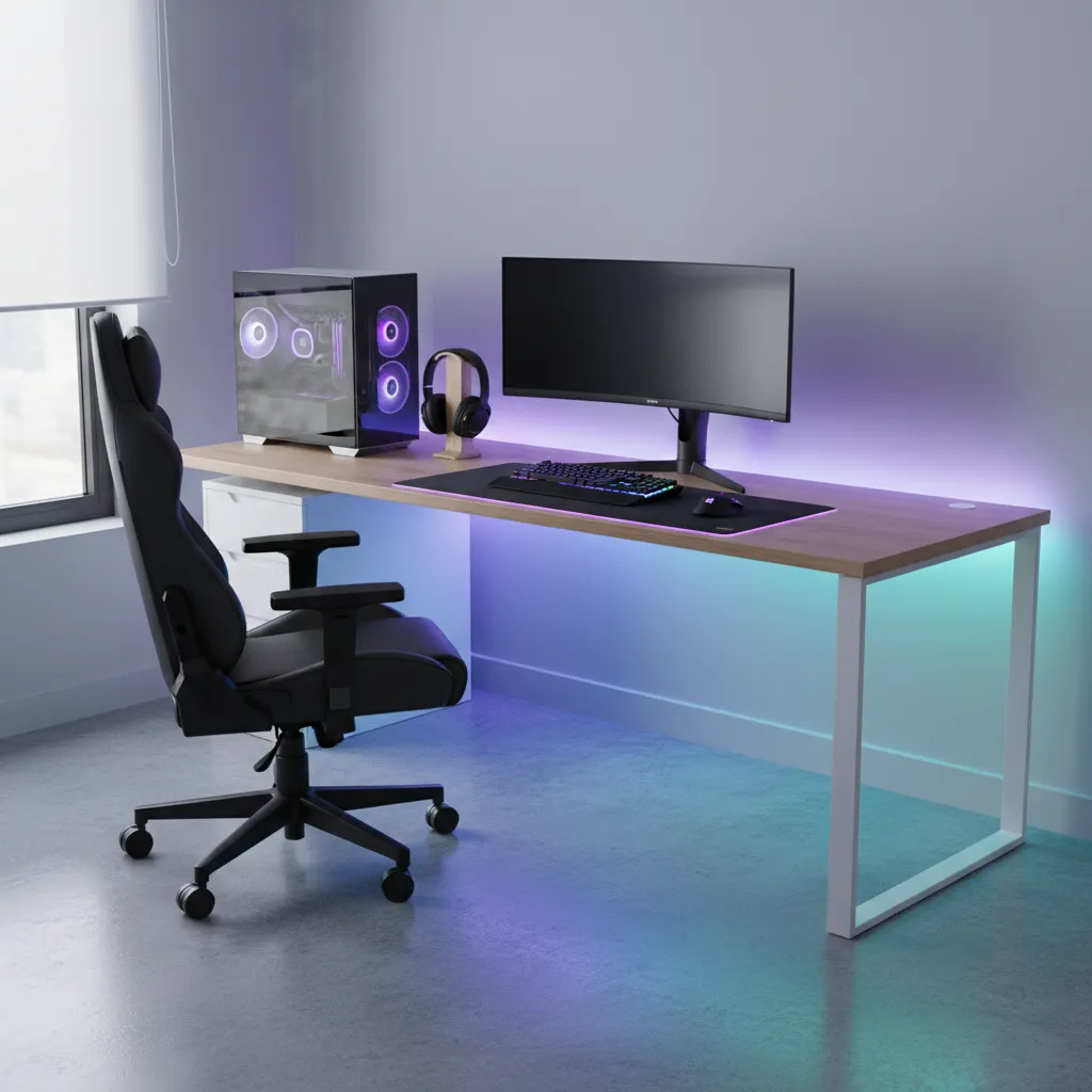 RGB LED strip lighting installed under desk creating ambient glow