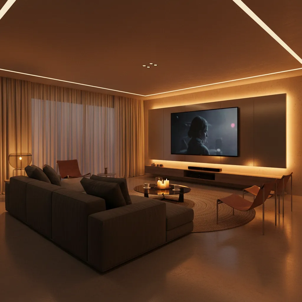 Living room lighting scene changing automatically for movie night