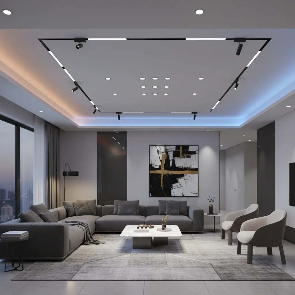 Living room ceiling with smart lighting and recessed LED tracks