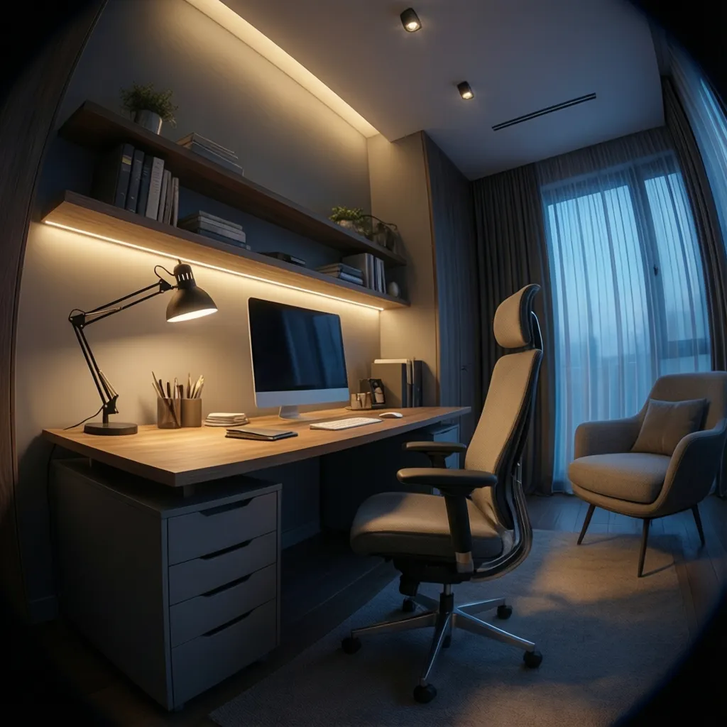 Smart lighting system in modern home office with layered desk lighting and ambient illumination