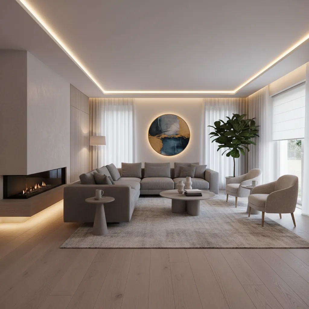 Sala de estar moderna con iluminación inteligente y control automatizado