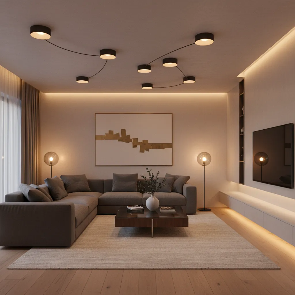 Smart home living room lighting scene with multiple bulbs synchronized