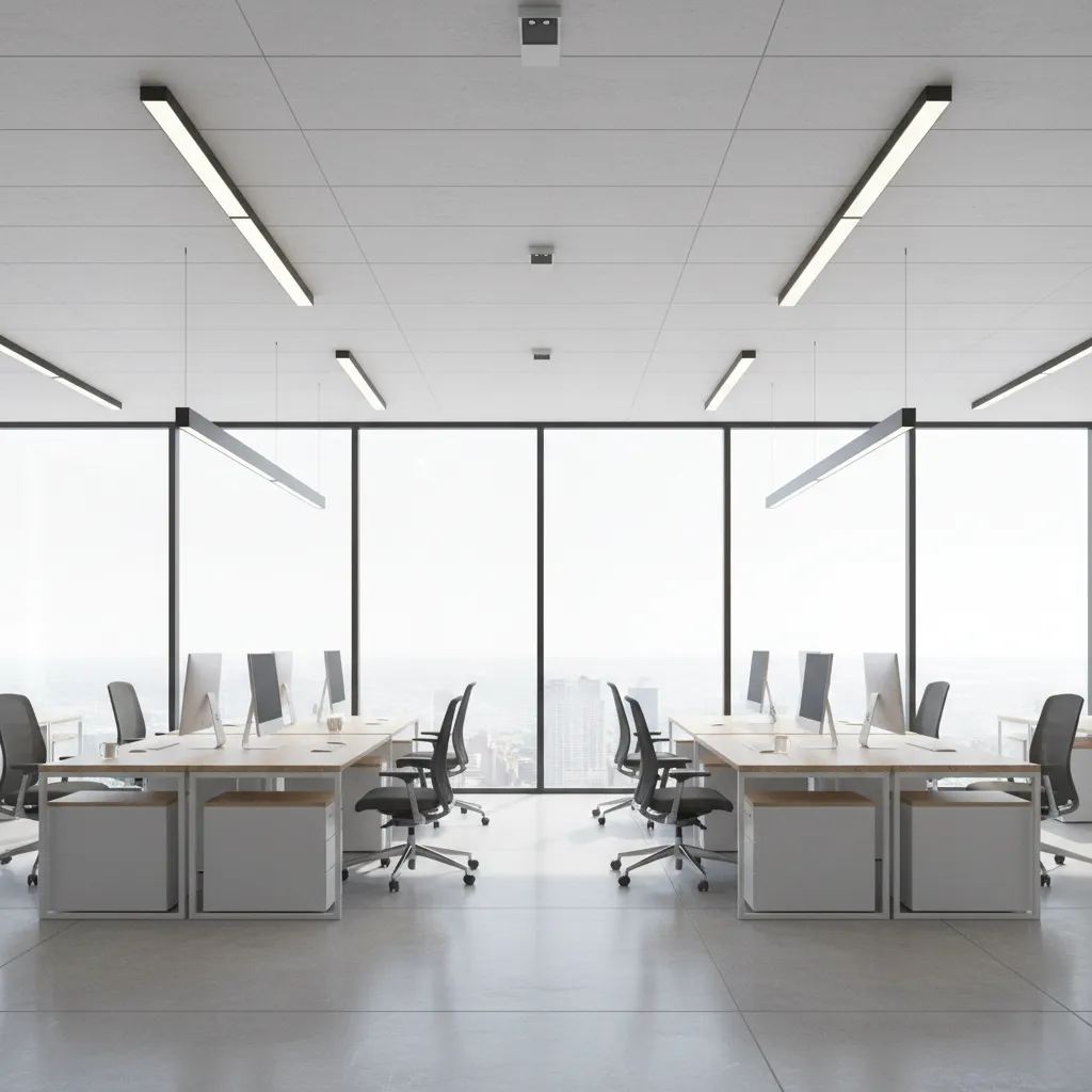 Smart lighting sensors and daylight responsive LED lighting in modern interior workspace
