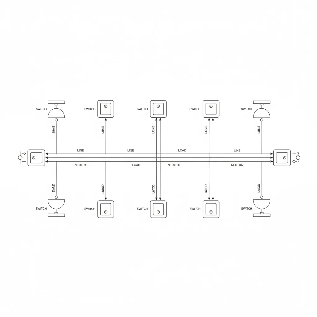Simplified smart lighting wiring layout showing switch line load and neutral connections