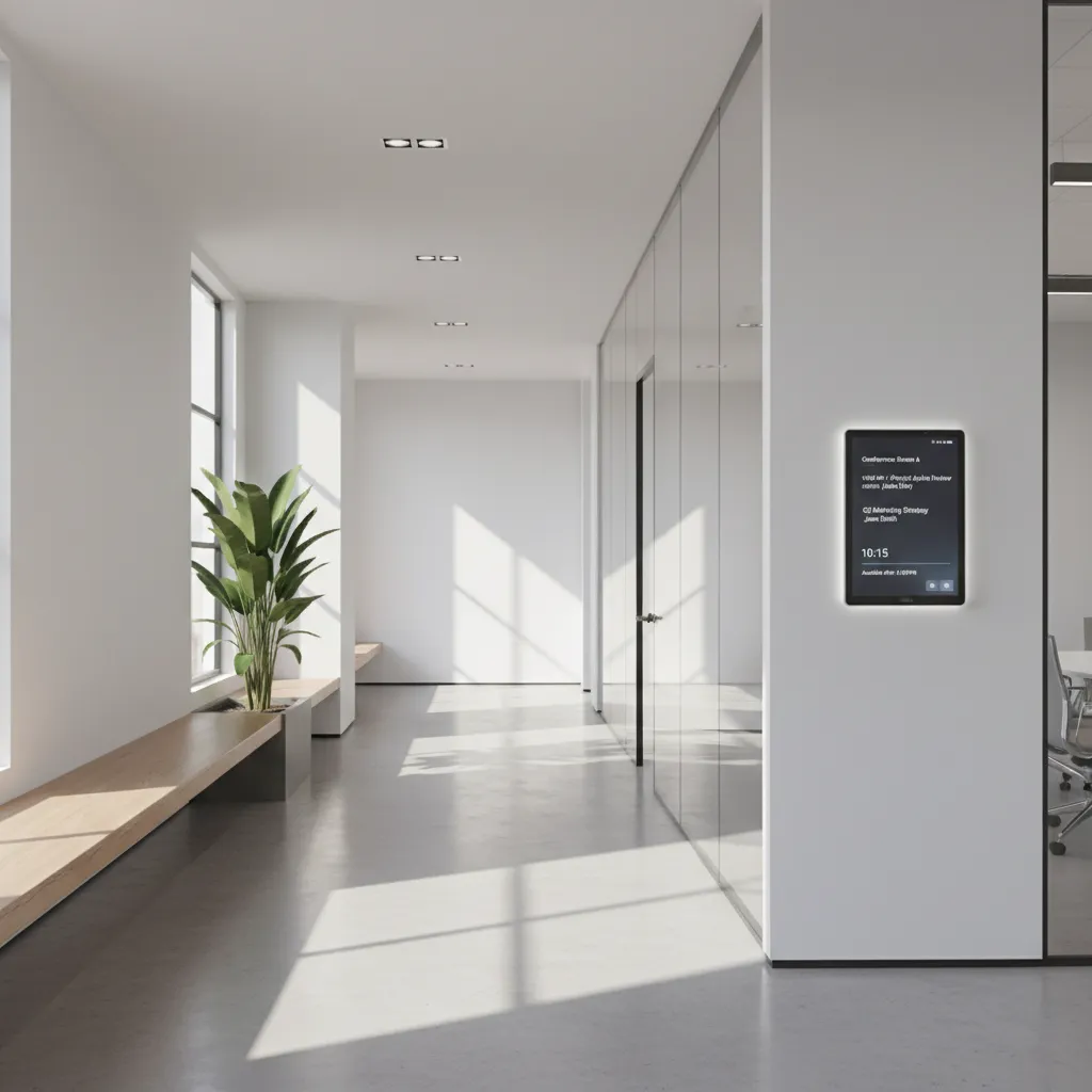 Digital meeting room display panel outside a conference room showing booking status