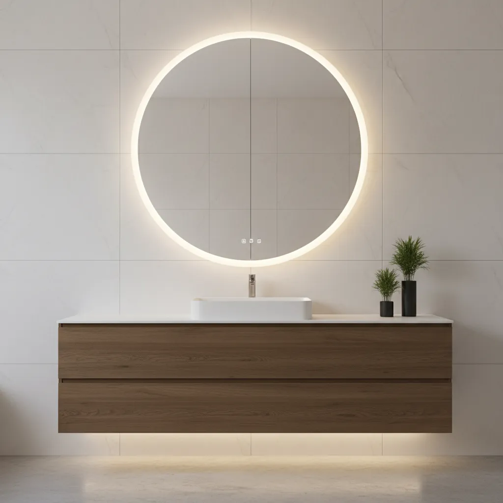 Round light mirror above long wood cabinet with white sink and small green plants on top