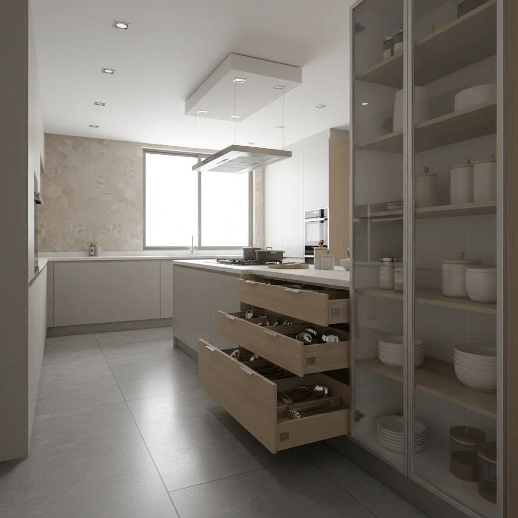 Smart modular kitchen storage pull out drawers and organized cabinets