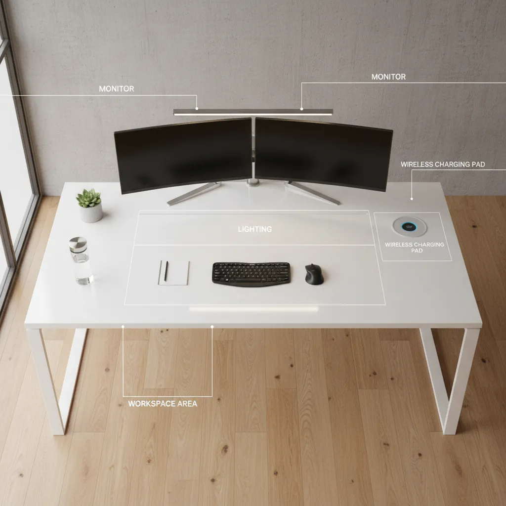 visualized smart office desk layout showing monitor lighting and charging zones