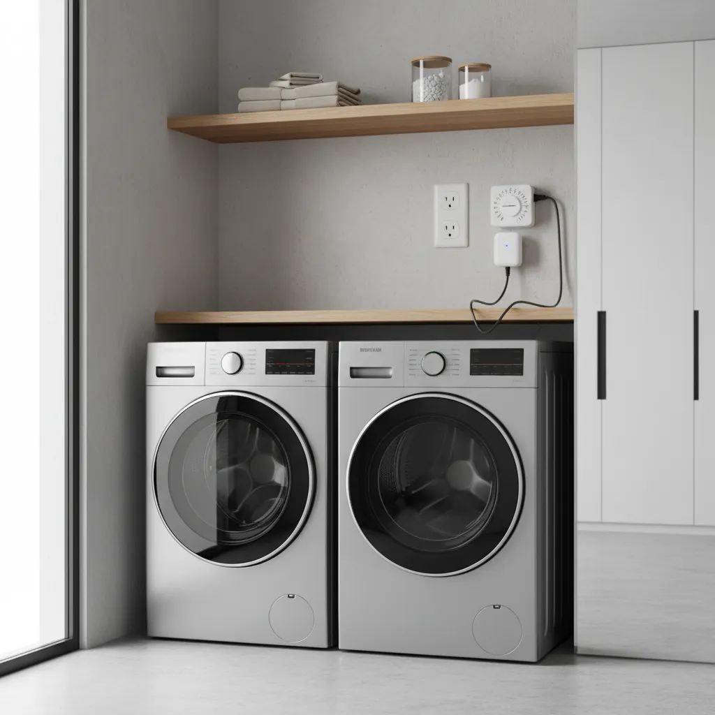 Smart plug and external timer combination controlling washer and dryer