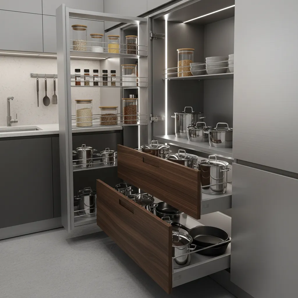 Pull out kitchen cabinet drawers and pantry system in a small kitchen