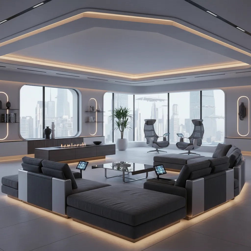 Futuristic living room with modular smart reclining sofa