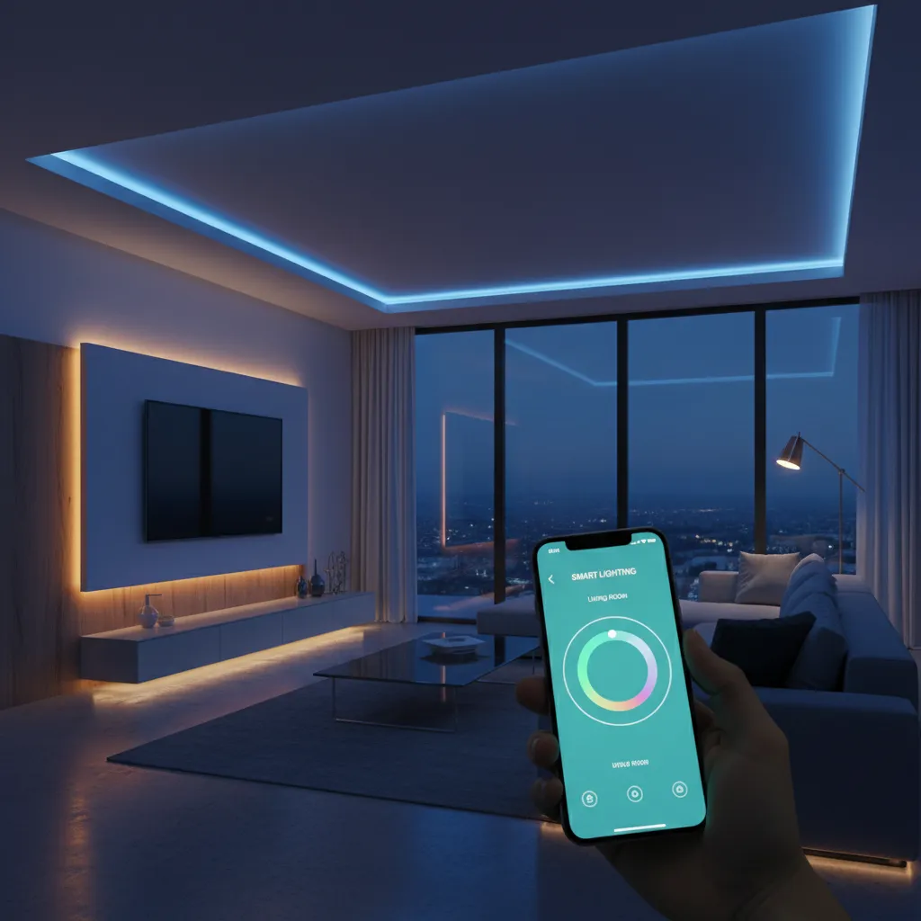 smartphone controlling RGB smart lighting in a modern living room
