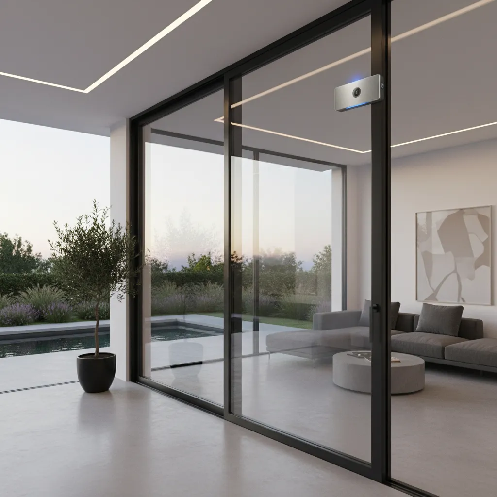 Smart sensor and security system installed on a modern sliding door
