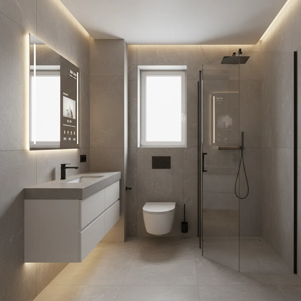 Modern grey bathroom featuring white floating sink cabinet smart mirror wall toilet and glass shower