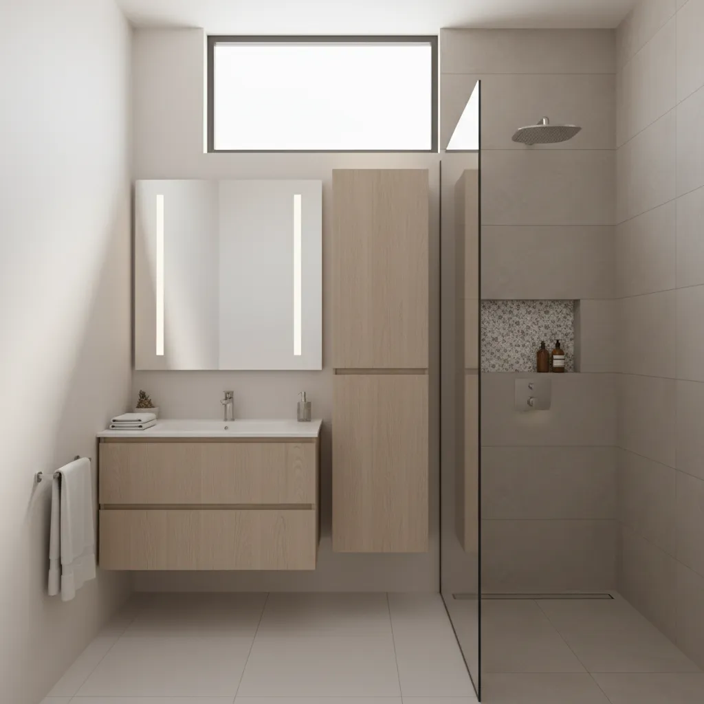 well organized small bathroom with floating vanity and wall storage