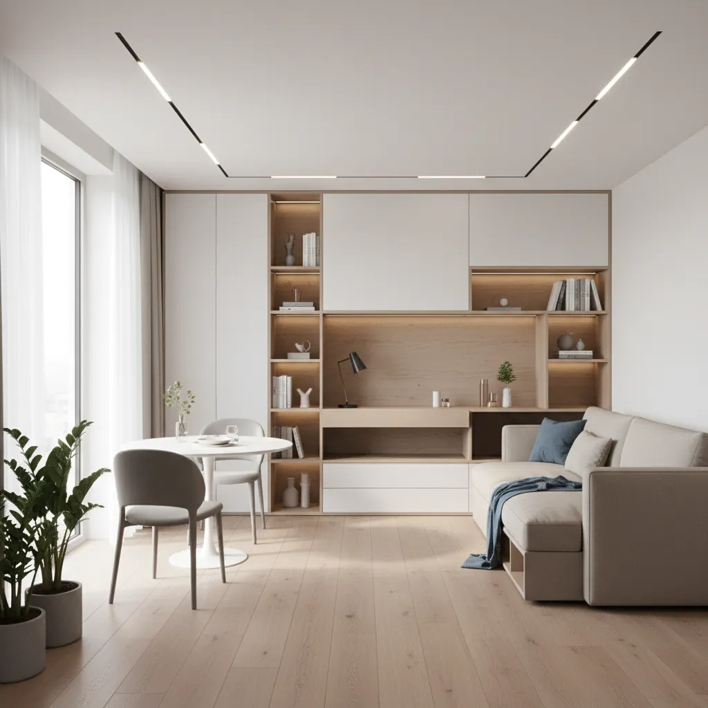 well organized small home interior with multifunction furniture and storage walls
