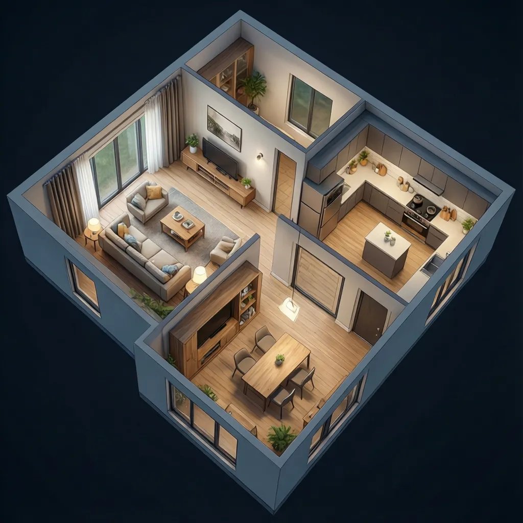 Small home layout showing efficient room zoning and circulation paths