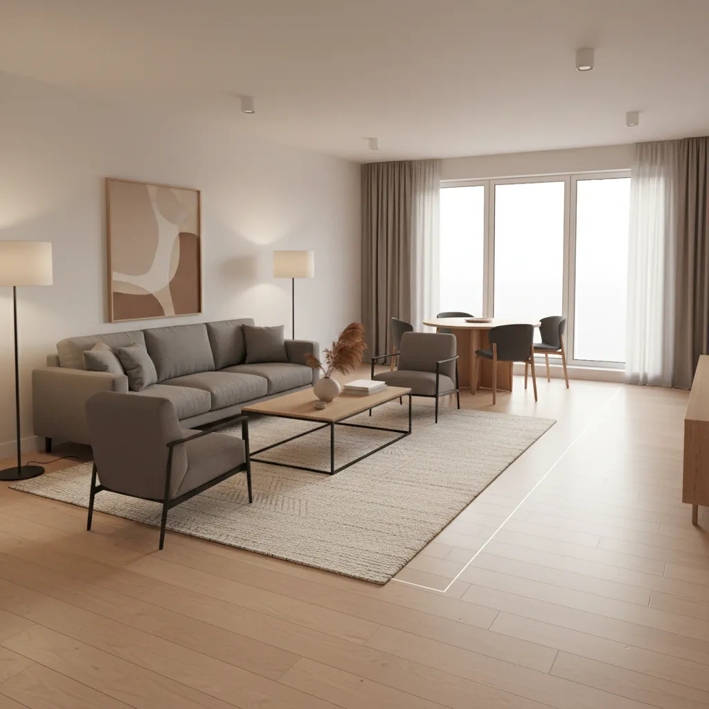 small open room layout with rug defining living zone and clear walkway