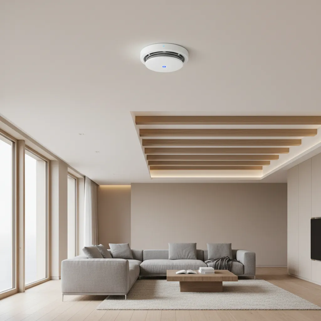 smart smoke detector with small LED status light mounted on white ceiling