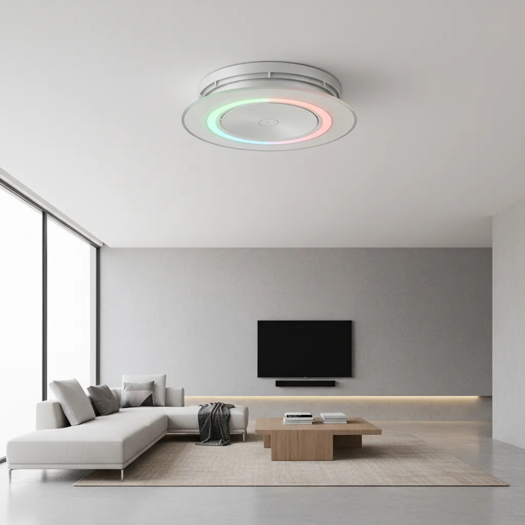 illustration style interior showing smoke detector LED colors like green red and amber