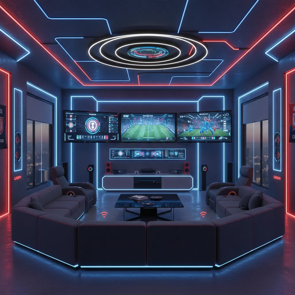Smart soccer fan room with LED lighting and digital displays