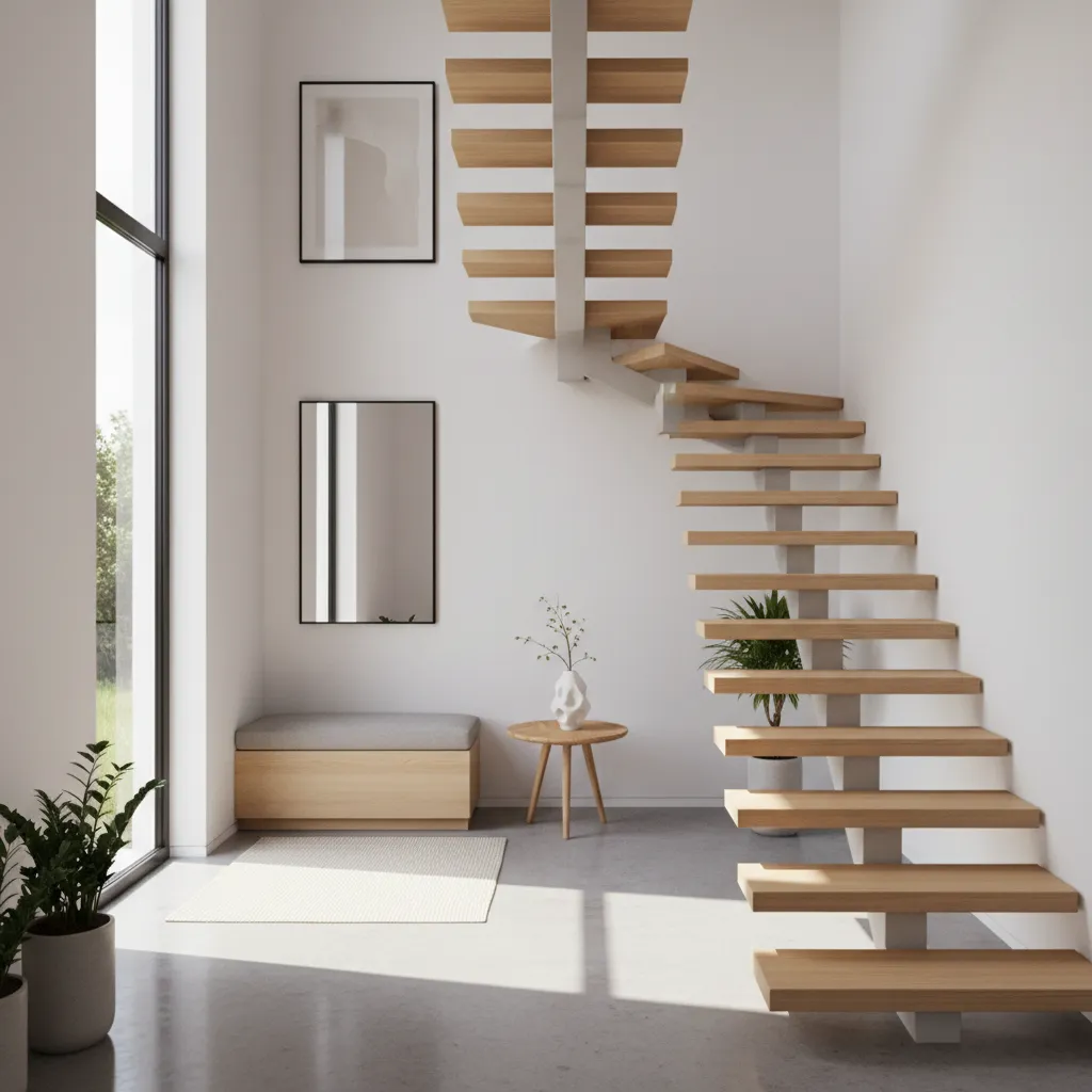 Efficient staircase placement along wall in a small modern home