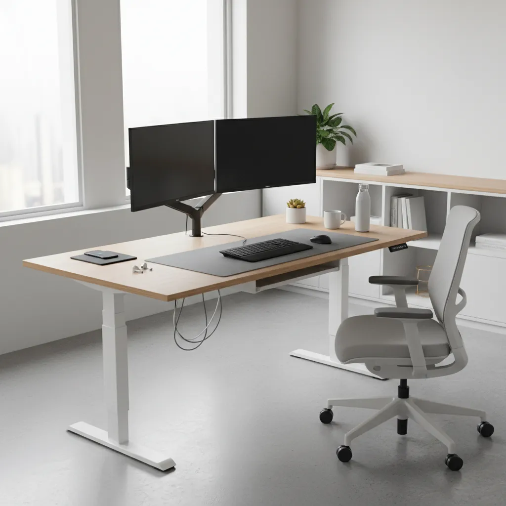 smart standing desk adjusting height in modern home office workspace