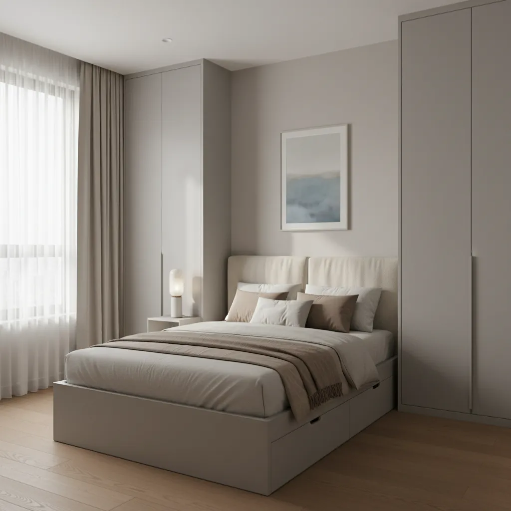 Bedroom with built in wardrobe and storage bed in compact apartment