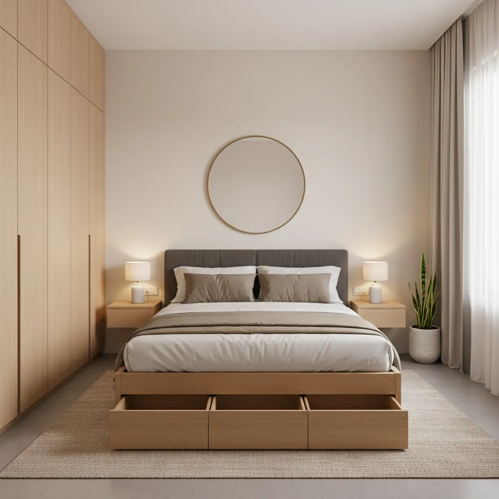 Small bedroom with floor to ceiling wardrobe storage