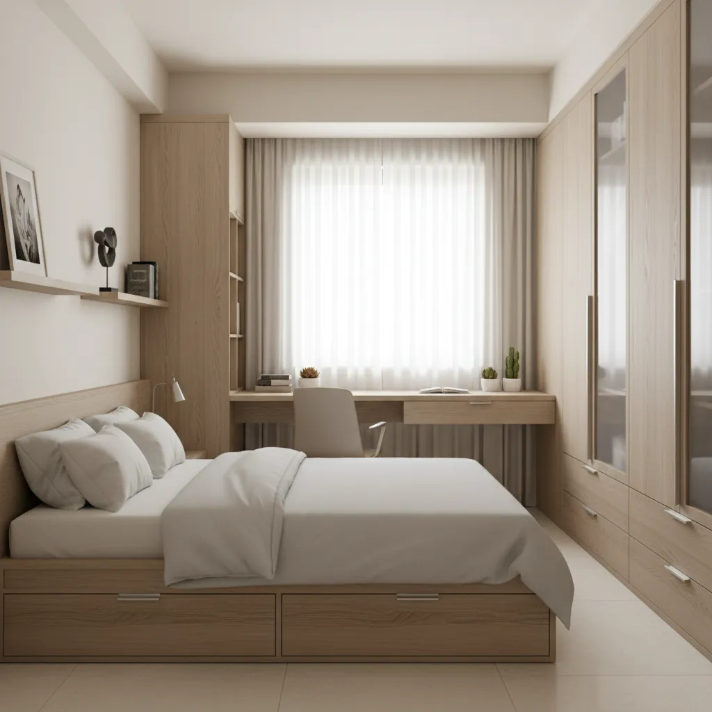 Compact bedroom with storage bed and wardrobe in small apartment
