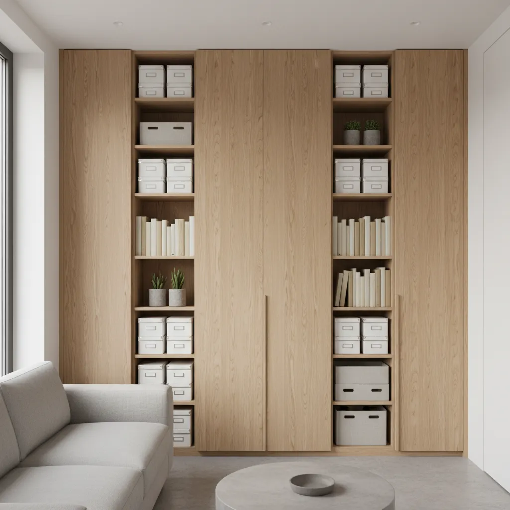 Wooden wall cabinet with open shelves containing books and storage boxes beside a grey sofa