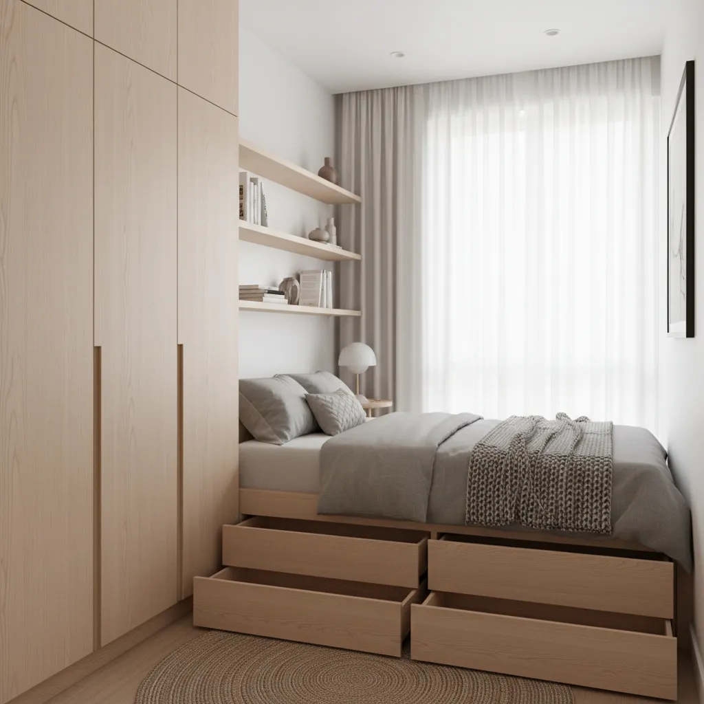 built in storage solutions inside a compact small house bedroom