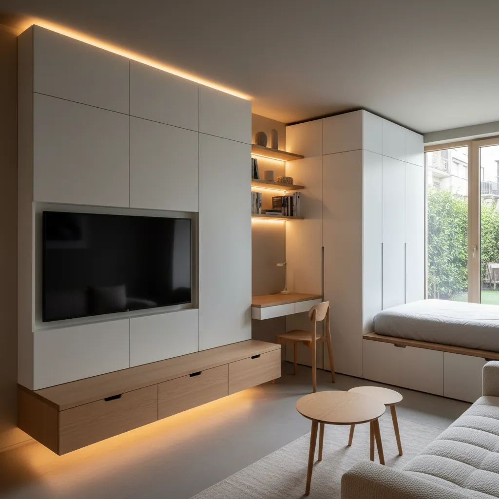 Modern room with white storage cabinets television wooden desk bed and warm soft yellow lighting