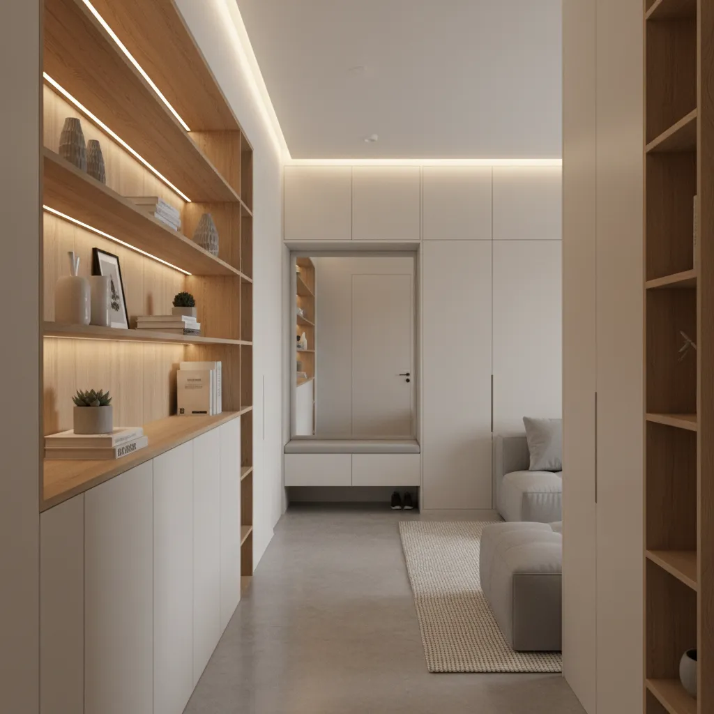 Minimalist hallway with wooden shelves warm lighting and white storage cabinets for a clean look