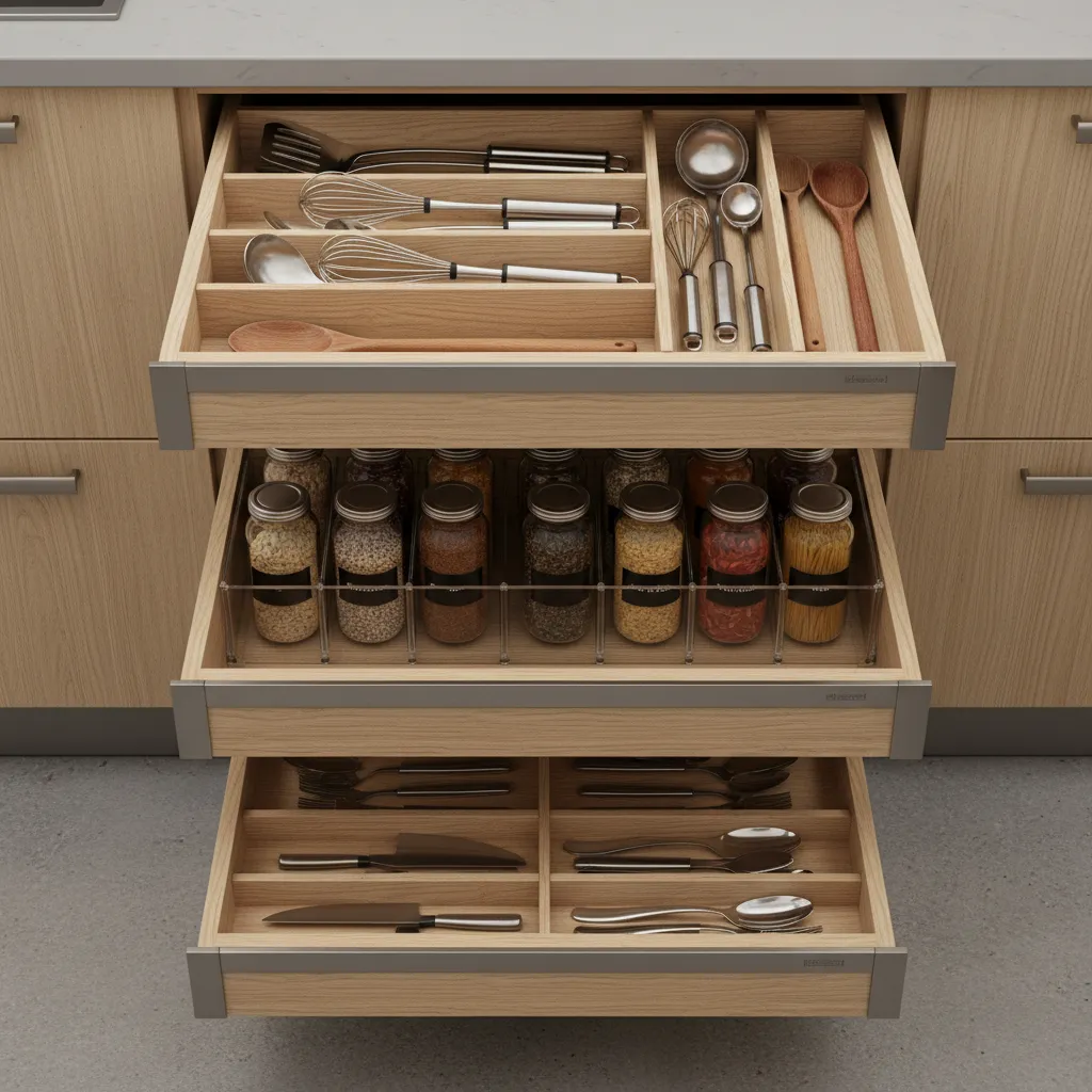 Smart drawer organizers and pull out storage in a small kitchen