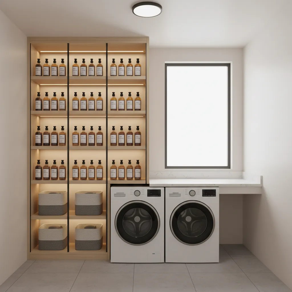 small laundry room with vertical storage shelves and organized supplies