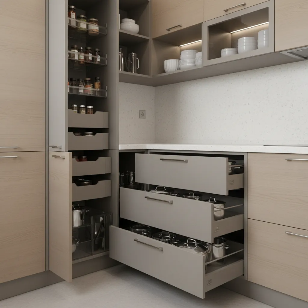 Small modular kitchen storage solutions including pull-out drawers and tall cabinets