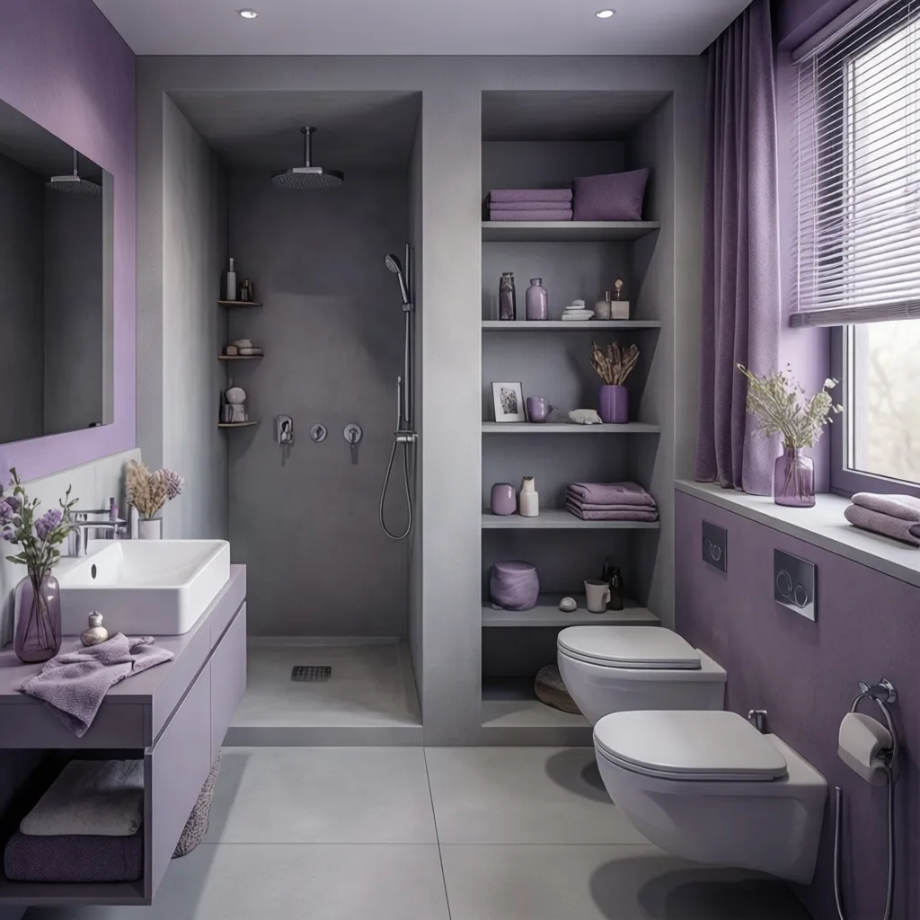 Compact bathroom with recessed storage niches and gray shelving with purple accents