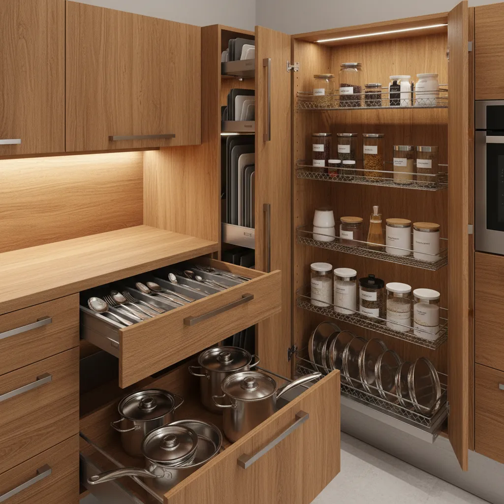 Small kitchen cabinet storage with pull out drawers and vertical organizers