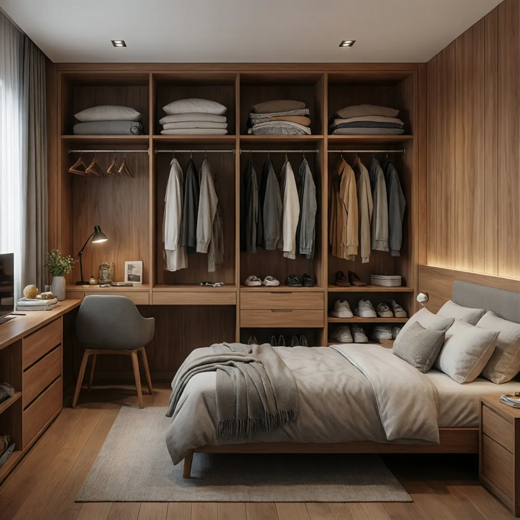 Phòng ngủ nhà phố với tủ âm tường tiết kiệm diện tích