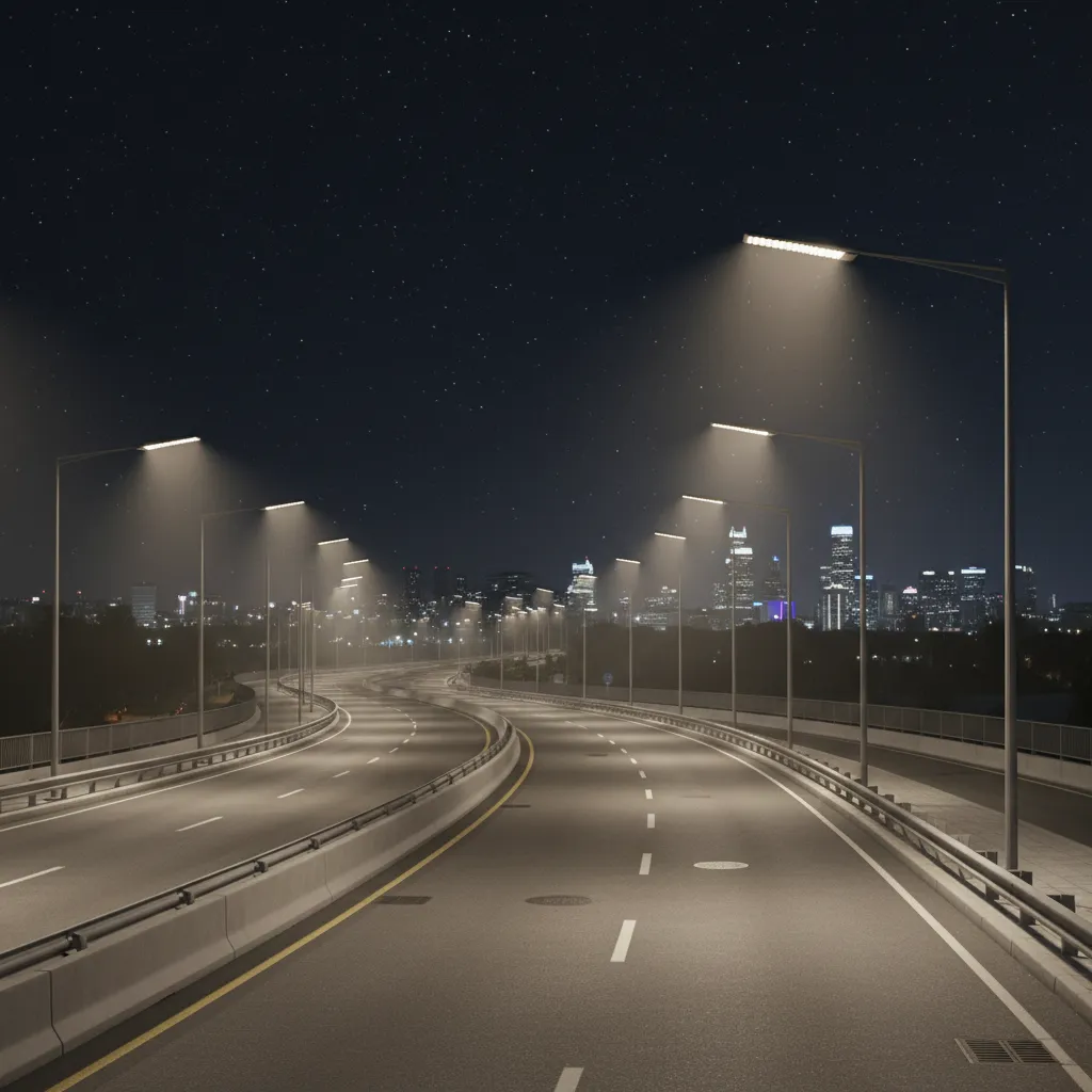 smart LED street lighting system illuminating road with minimal glare