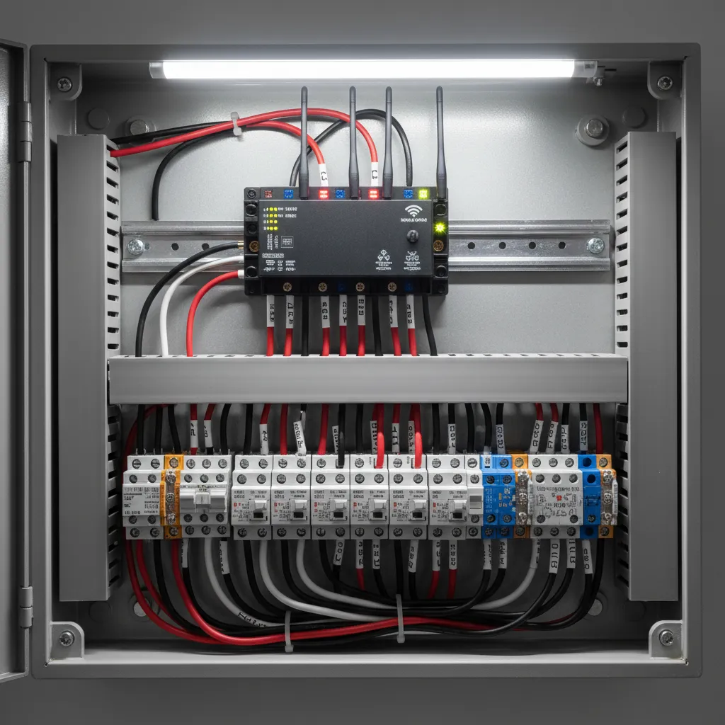 Electrical switch box showing smart relay and wiring layout with constant hot and neutral wires