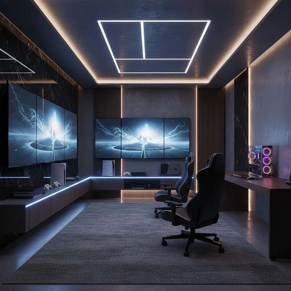 High end game room with smart LED lighting and immersive digital displays