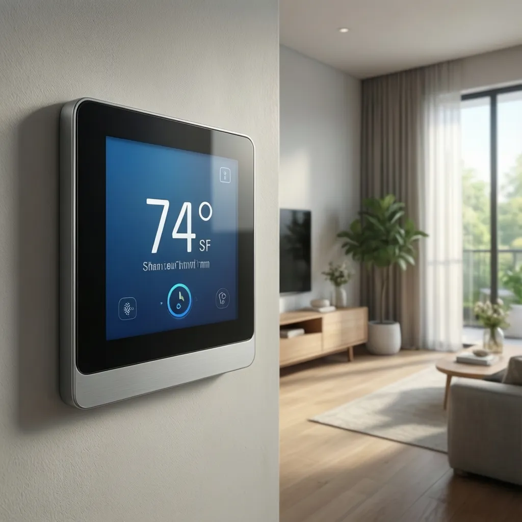 smart thermostat displaying efficient cooling temperature in a small home