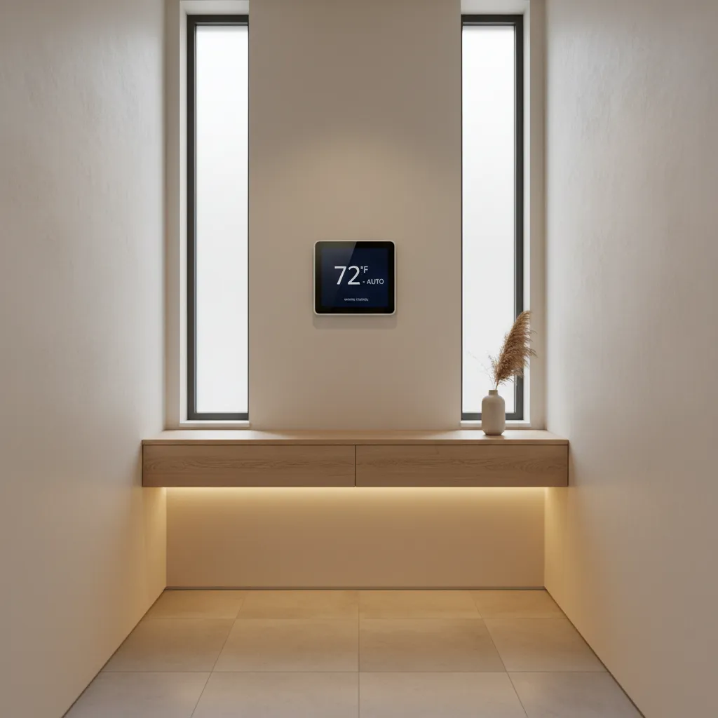 smart thermostat controlling cooling in a modern small home interior