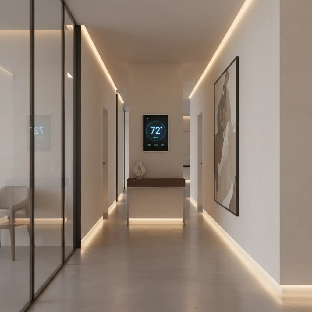 smart thermostat controlling zoned cooling in a modern house