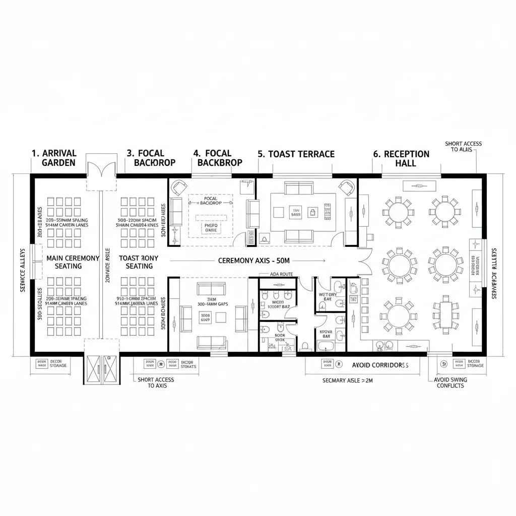 Linear ceremony axis connecting arrival, seating, terrace, and reception