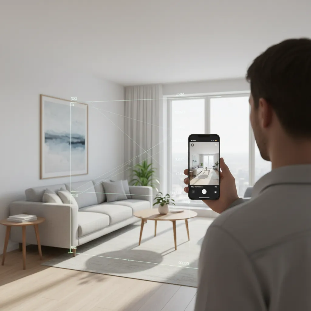 Person using a smartphone AR measuring app to scan a living room