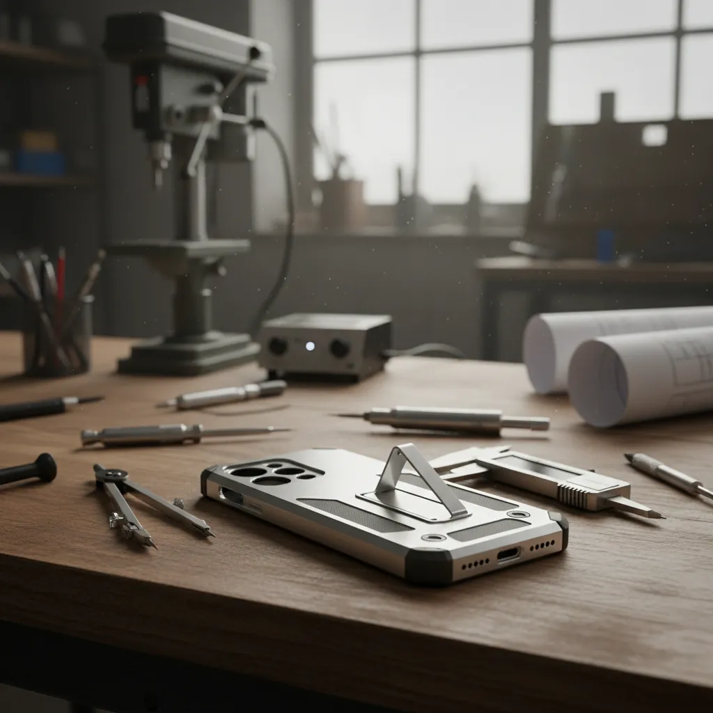 prototipo físico de funda para smartphone en mesa de trabajo